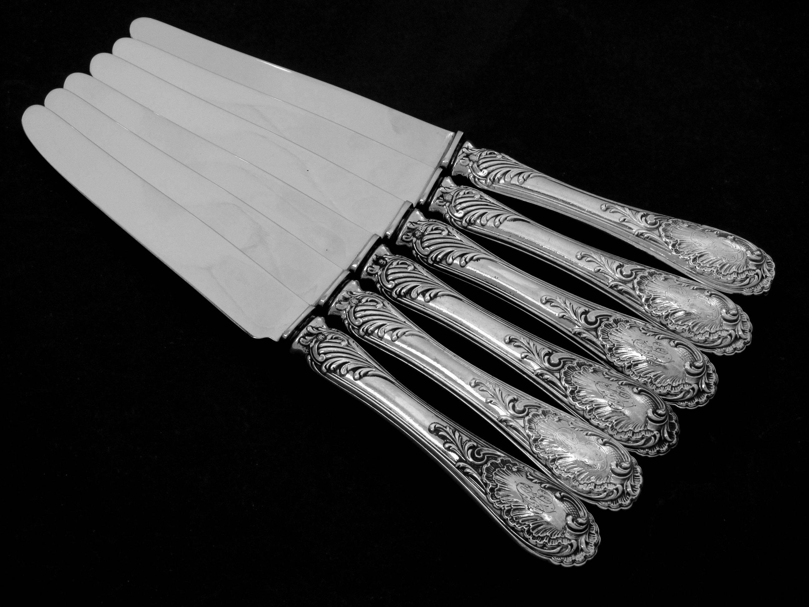 Puiforcat French Sterling Silver Dessert and Fruits Knife Set 12 pc box Rococo 1