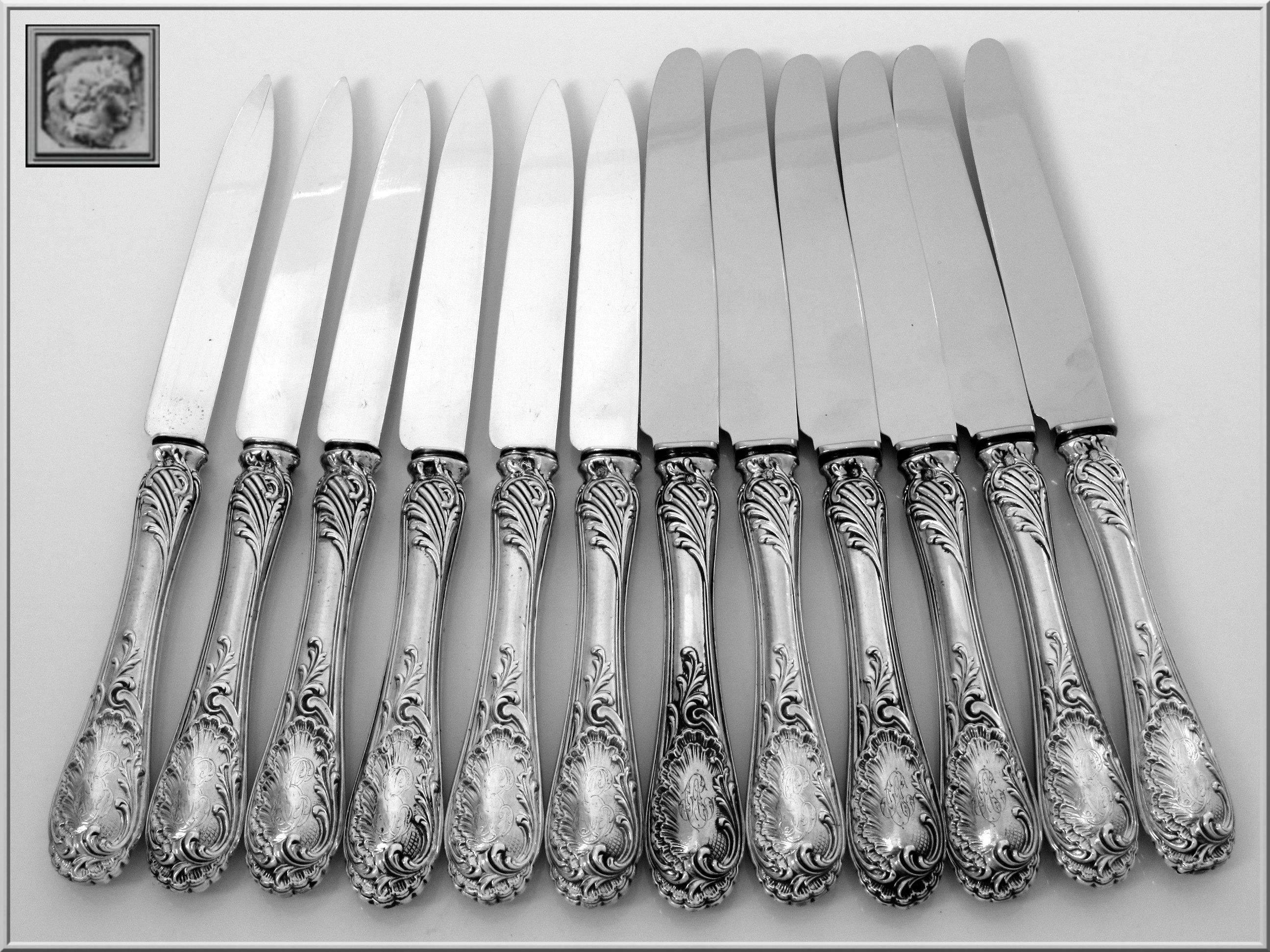 Puiforcat French Sterling Silver Dessert and Fruits Knife Set 12 pc box Rococo 3