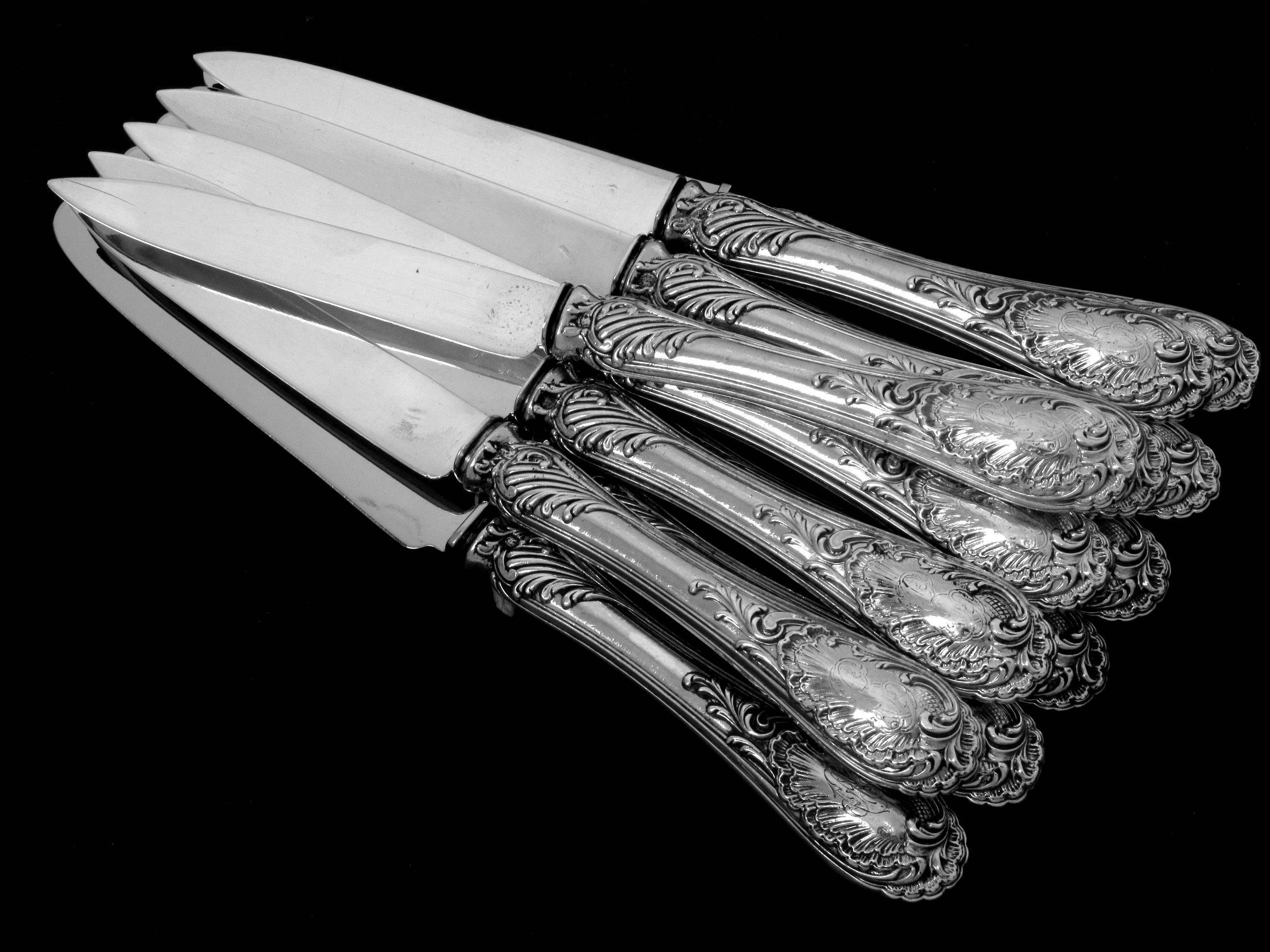 Puiforcat French Sterling Silver Dessert and Fruits Knife Set 12 pc box Rococo In Good Condition In Triaize, Pays de Loire