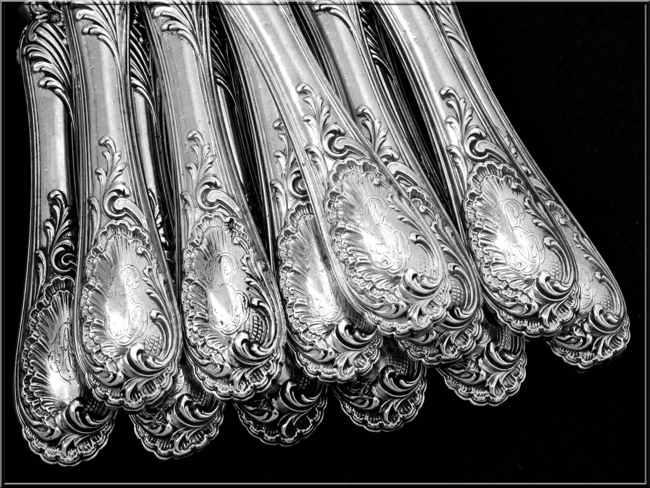 Puiforcat French Sterling Silver Dessert and Fruits Knife Set 12 pc box Rococo 4