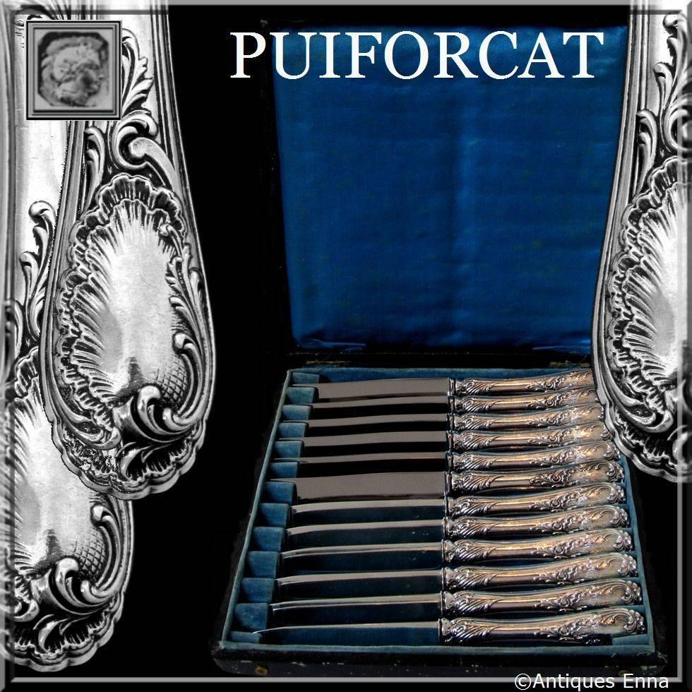 PUIFORCAT Rare French Sterling Silver Dessert and Fruits Knife Set 12 pc Rococo

Rococo handles have fantastic decoration in the Rococo style. Model called 
