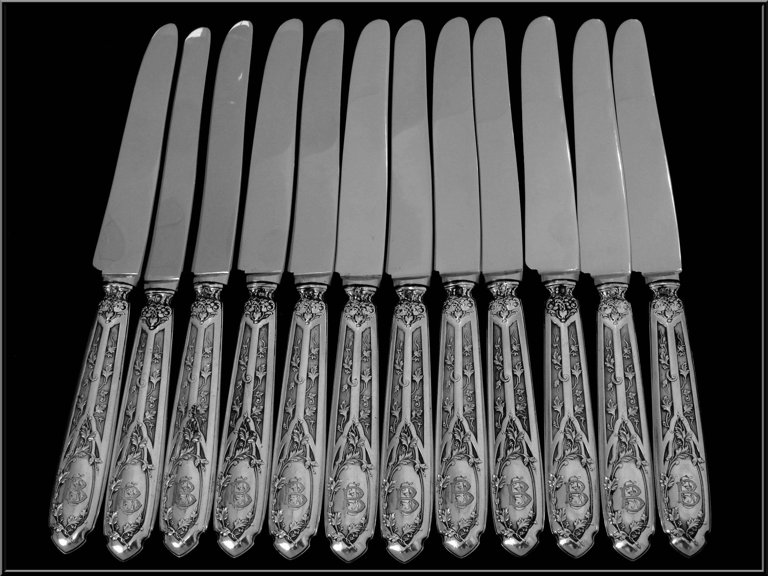 PUIFORCAT Rare French Sterling Silver Dessert Knife Set 12 pc box Moderne Model 4