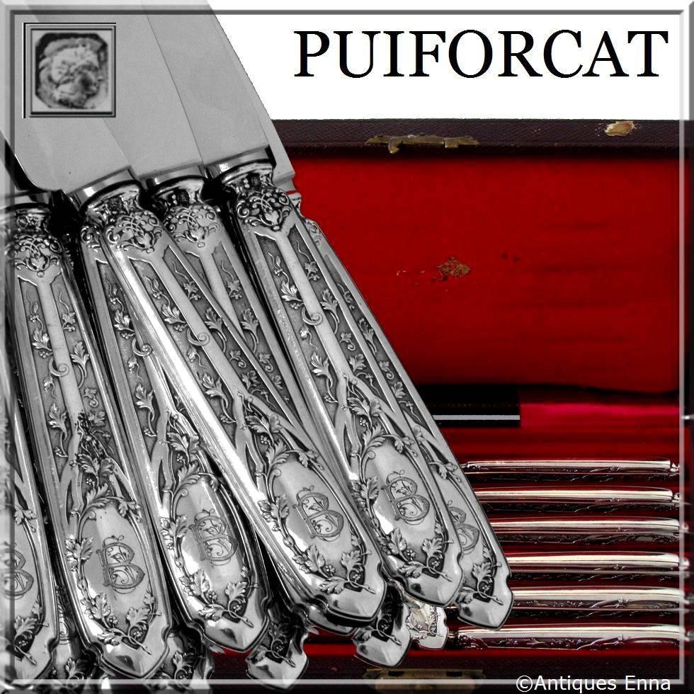 PUIFORCAT Rare French Sterling Silver Dessert Knife Set 12 pc with box Moderne Model

Head of Minerve 1 st titre on the handles for 950/1000 French Sterling Silver guarantee and New Stainless Steel Blades..

The design and workmanship of this