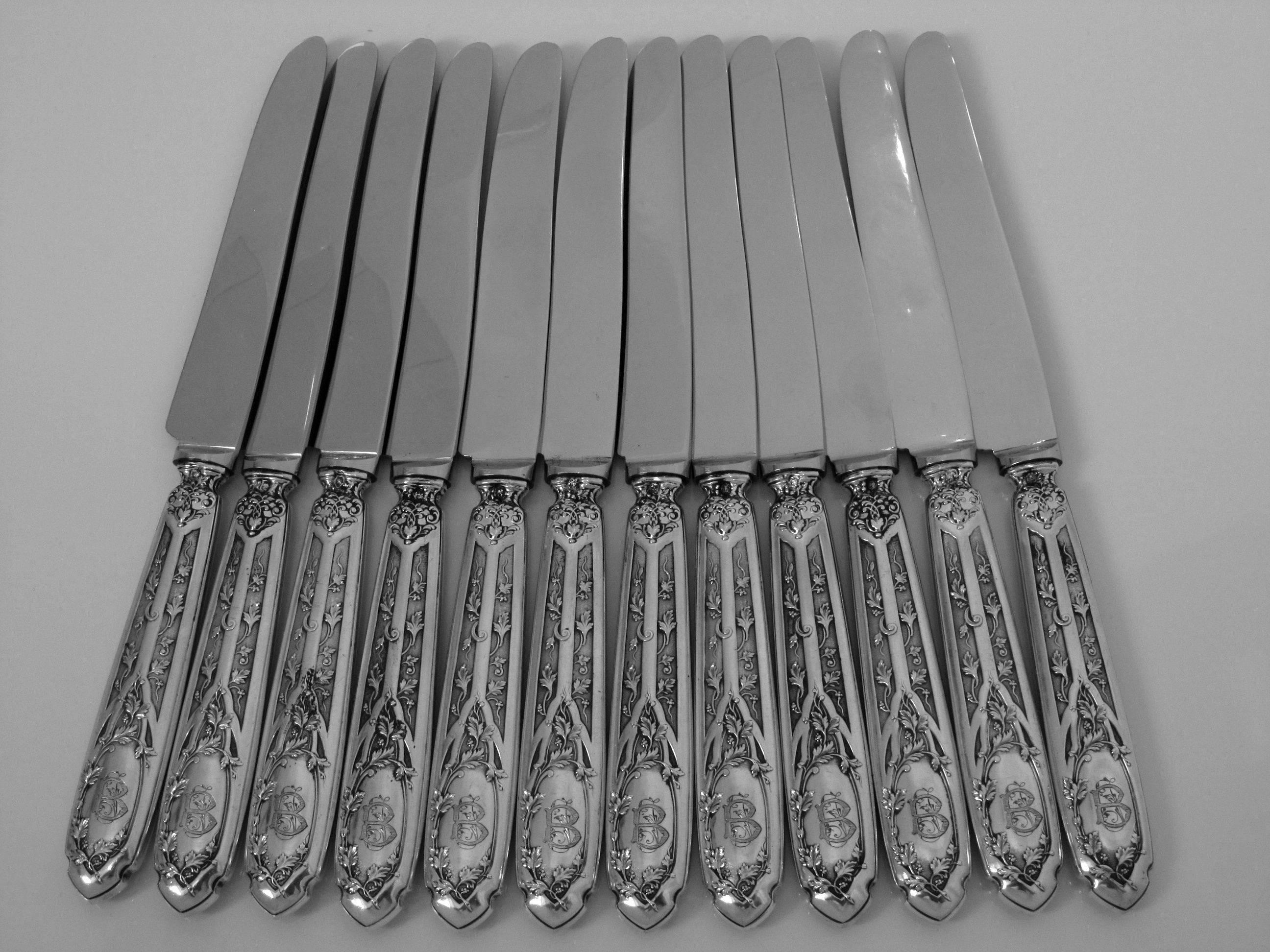 PUIFORCAT Rare French Sterling Silver Dessert Knife Set 12 pc box Moderne Model In Good Condition In Triaize, Pays de Loire