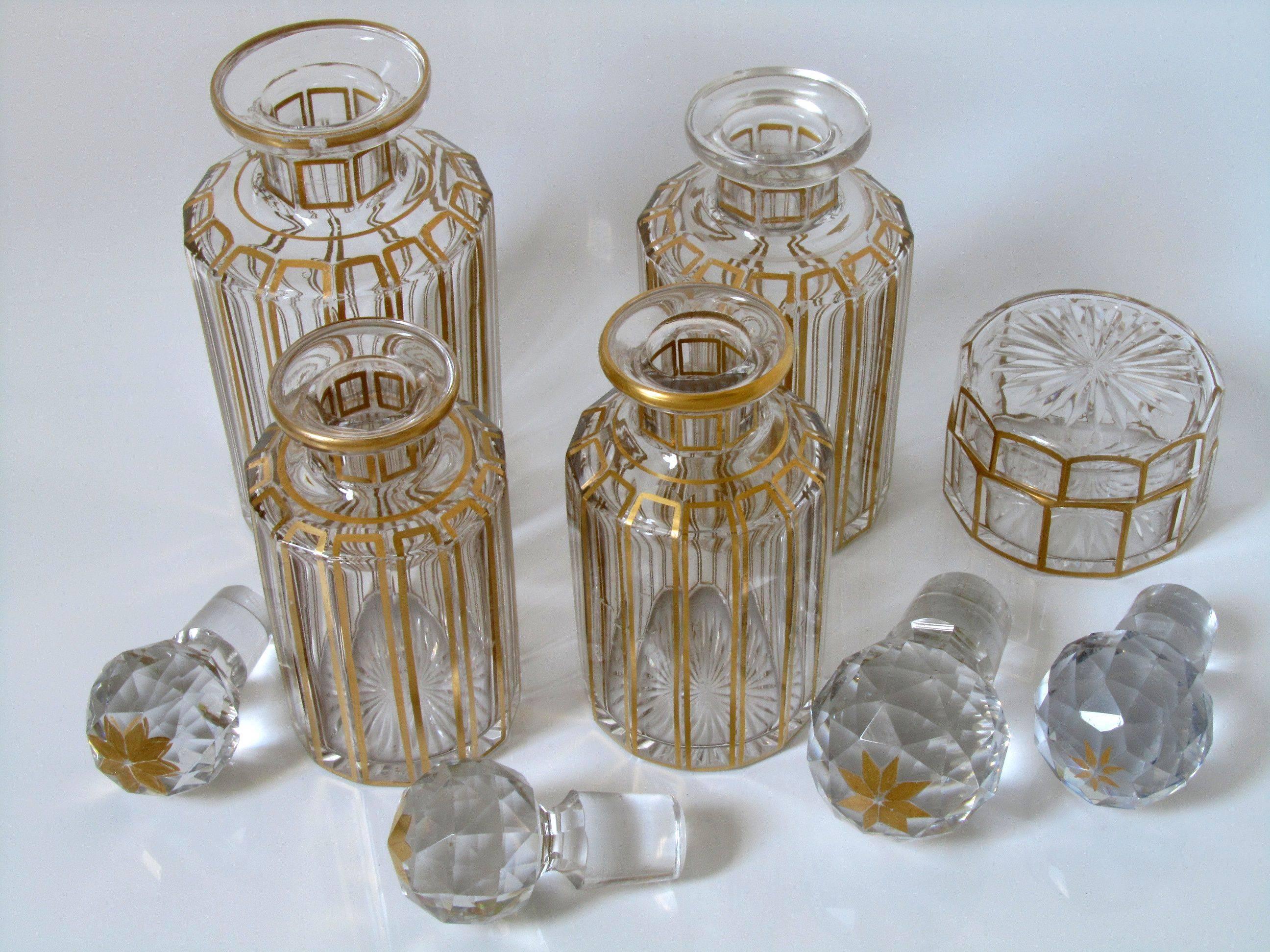 Napoleon III Antique French Baccarat Gold Enamel Crystal Dresser / Vanity Perfume Set 5 pc
