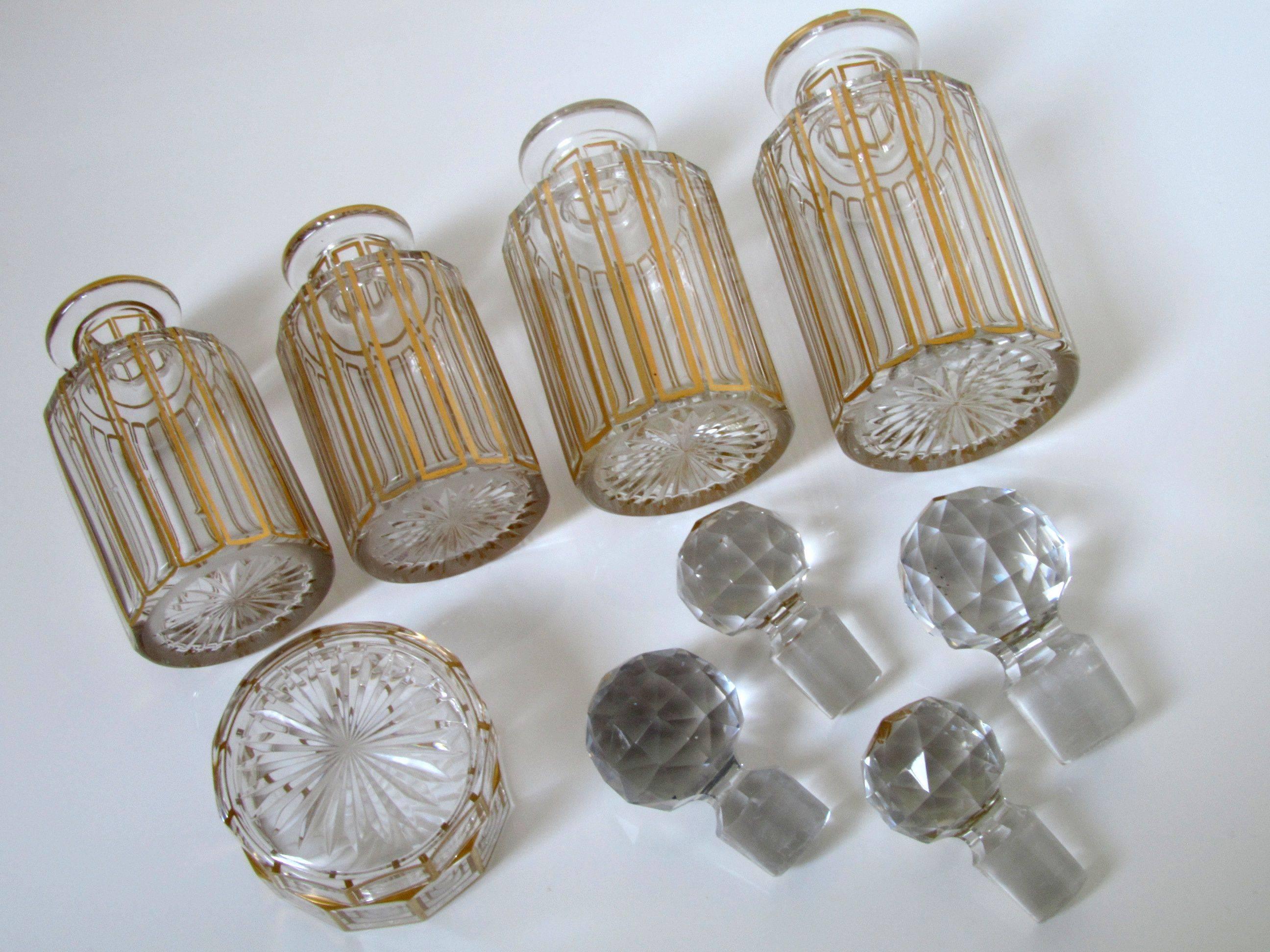 Women's or Men's Antique French Baccarat Gold Enamel Crystal Dresser / Vanity Perfume Set 5 pc