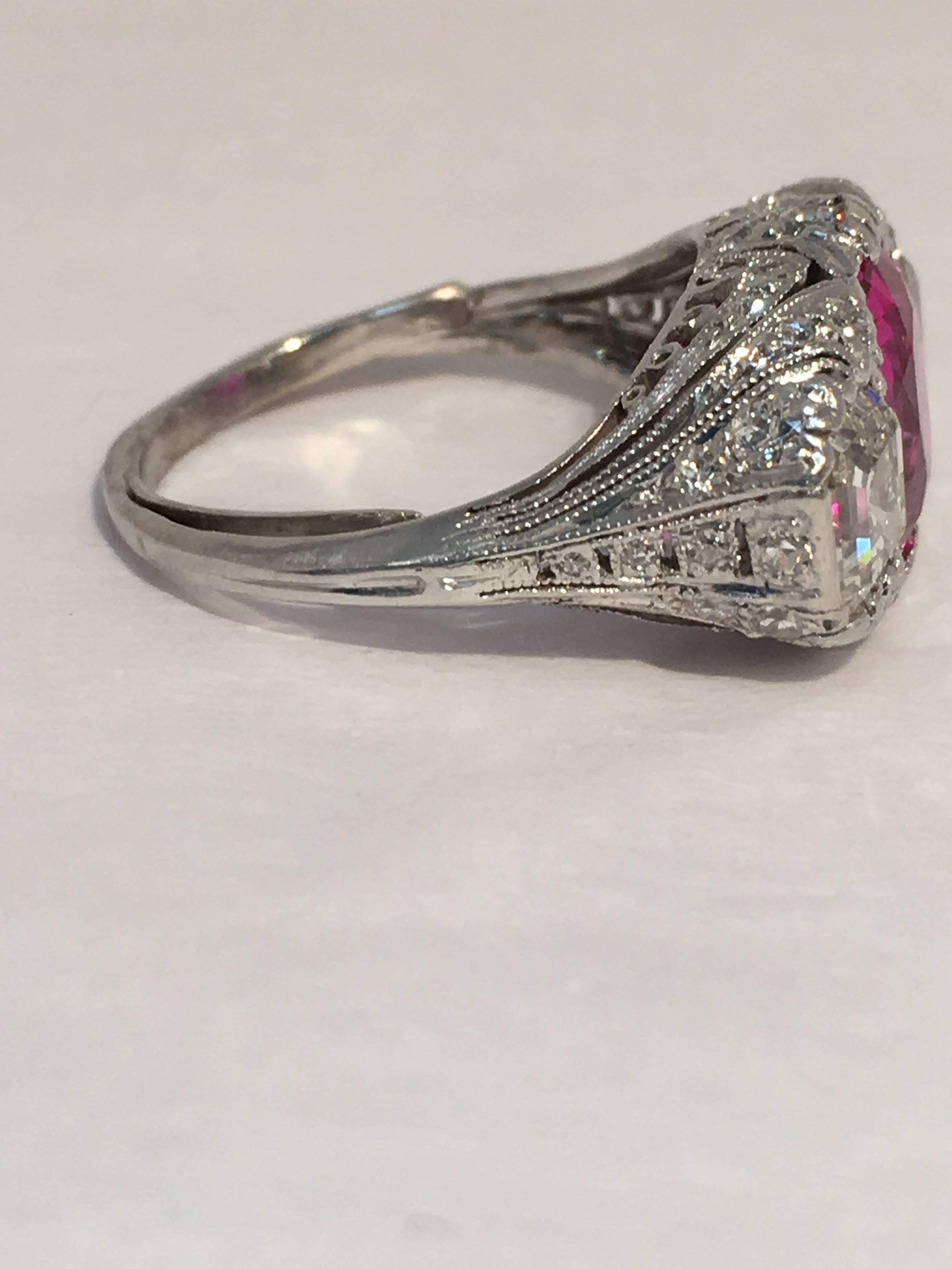 Spectacular Art Deco Pink Sapphire Diamond Platinum Ring In Good Condition For Sale In McLean, VA