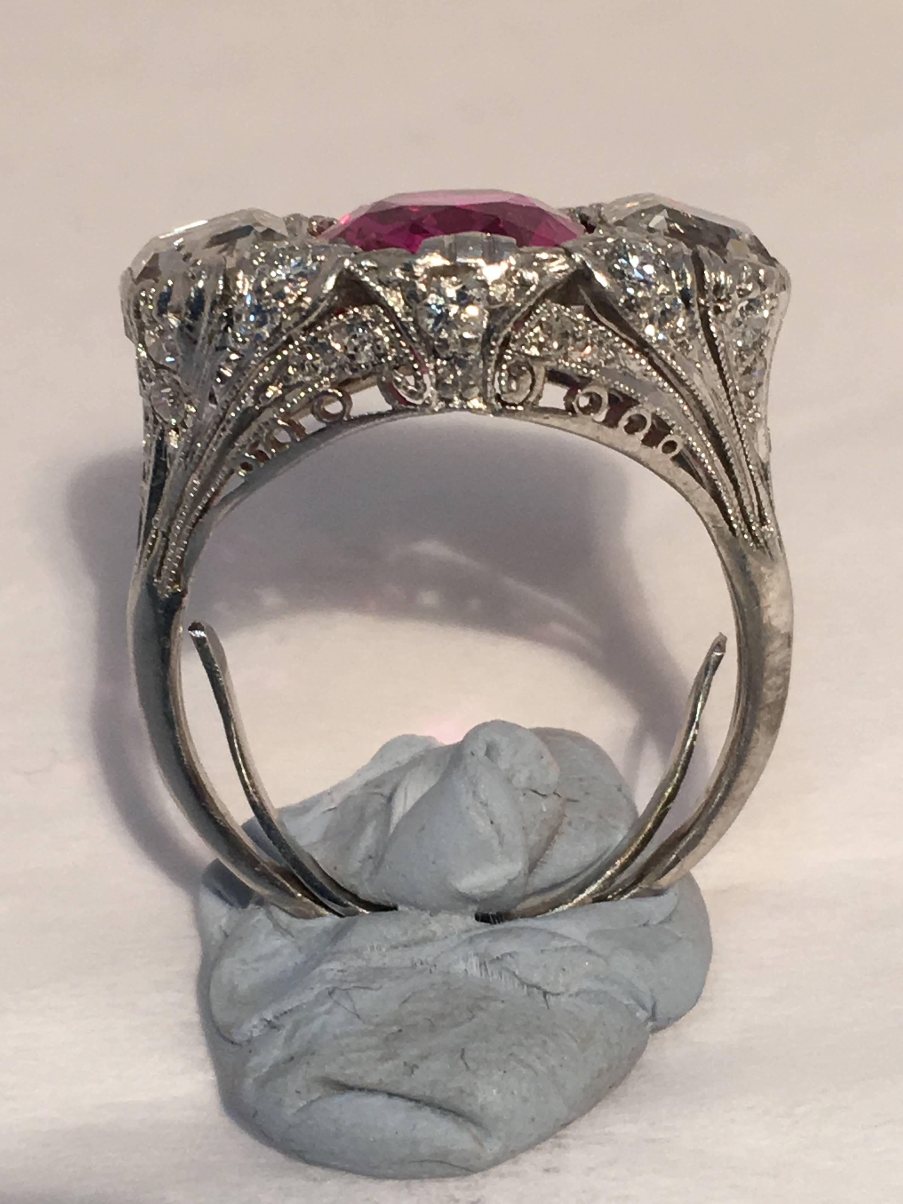 Spectacular Art Deco Pink Sapphire Diamond Platinum Ring For Sale 1