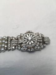 Ladies Platinum Diamond Pearl Bracelet Wristwatch