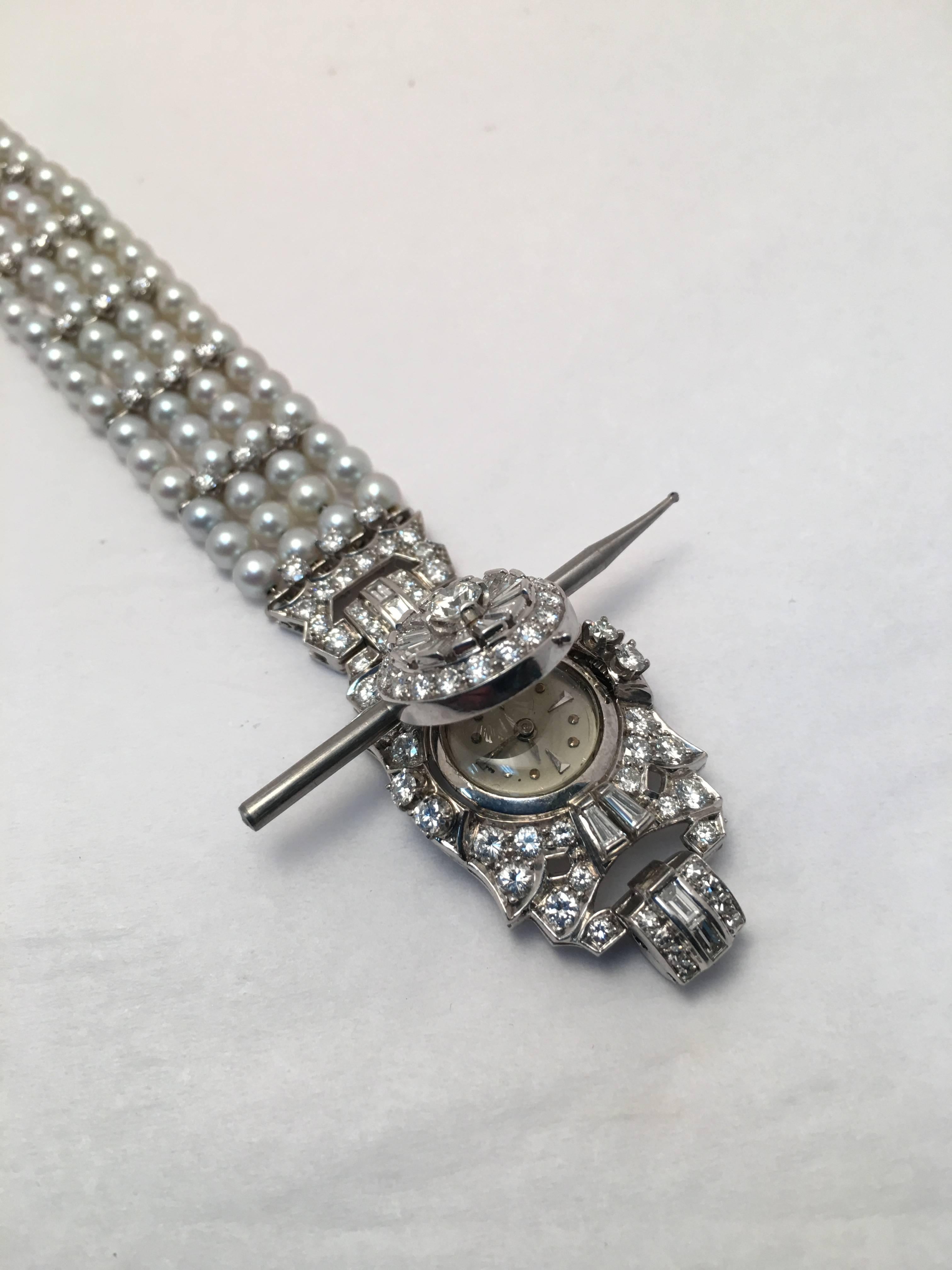Edwardian Ladies Platinum Diamond Pearl Bracelet Wristwatch For Sale