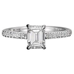 Diamond Solitaire Engagement Ring 18k White Gold Emerald Cut, Wedding Jewelry