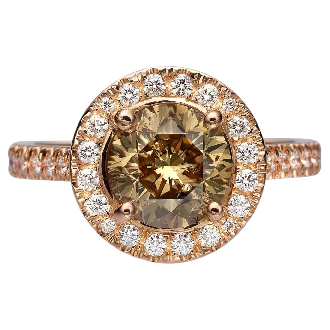 18K Rose Gold Round Diamond Engagement Ring (2.11 ct, Fancy Deep Yellowish