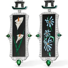 Handbemalte Ohrringe im japanischen Stil mit Achat, Turmalin und Diamanten in Pagodenform