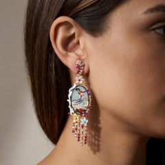 Hand-Painted Agate, Ruby and Diamond 18k Gold Japanese-Inspired Drop Earrings