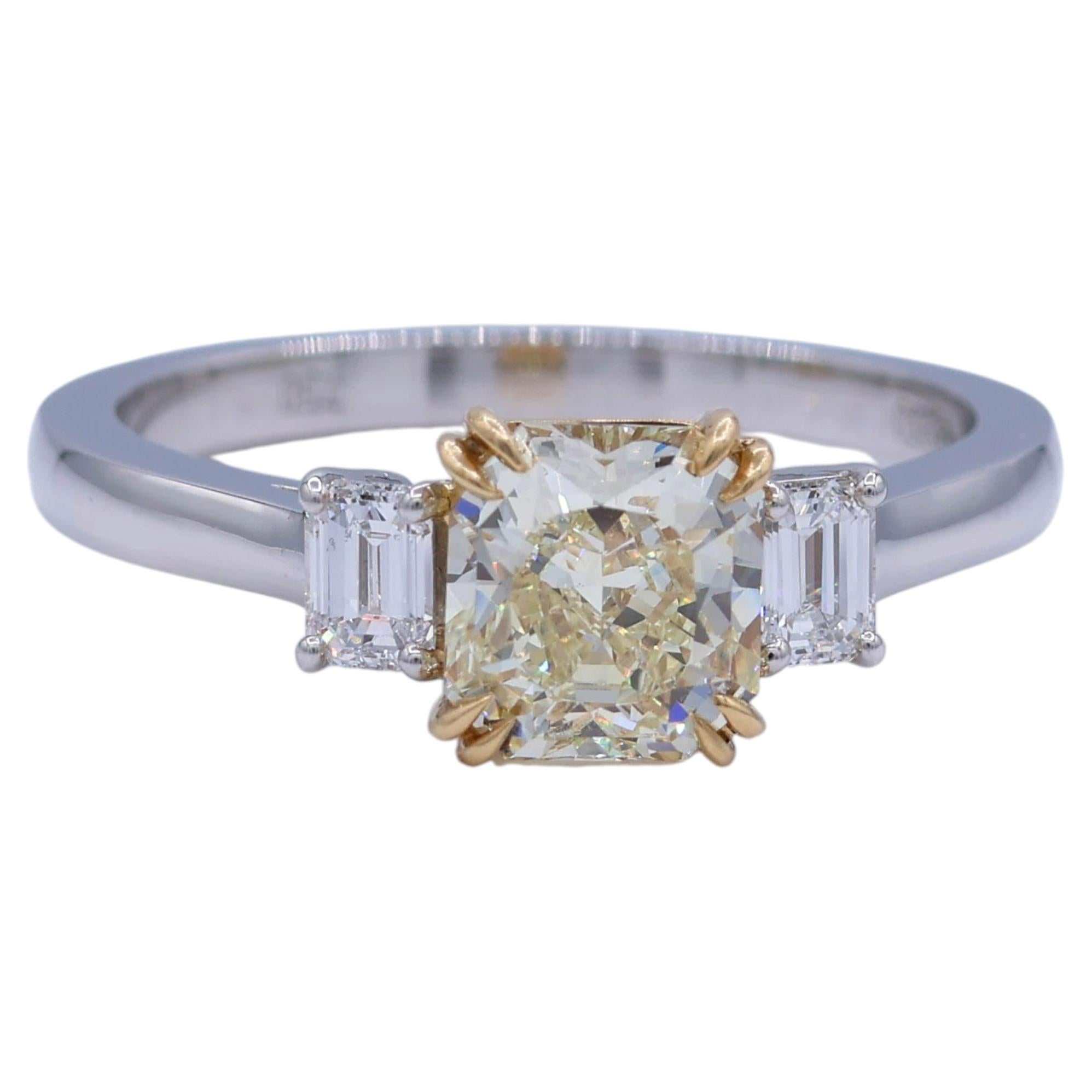 1.53 CTW Light Yellow Radiant & Emerald Cut Diamond Three-Stone Ring GIA For Sale
