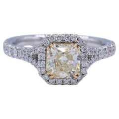 1.71 Total Weight Radiant Split Shank Halo Ring in Platinum with 18K Yellow Gold