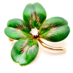 Antique Krementz & Co. 14K Four Leaf Clover, Old European Cut Diamond, Brooch