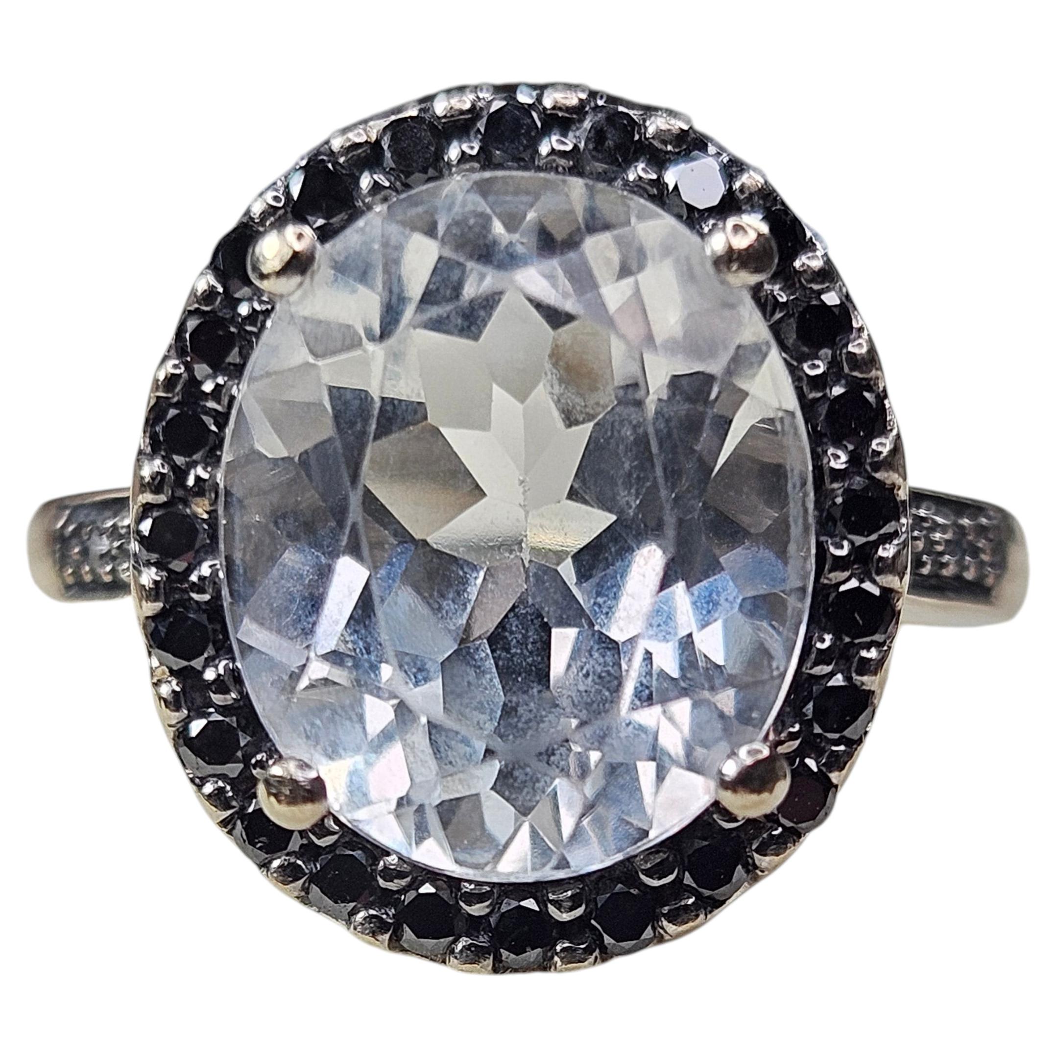 Antique 14K White Gold 5-6ct Sapphire & Black Diamond Cluster Ring, Circa 1900