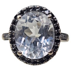 Antique 14K White Gold 5-6ct Sapphire & Black Diamond Cluster Ring, Circa 1900