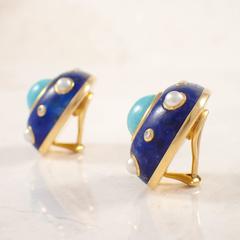 Trianon Lapis Turquoise Pearl Diamond Gold Earrings