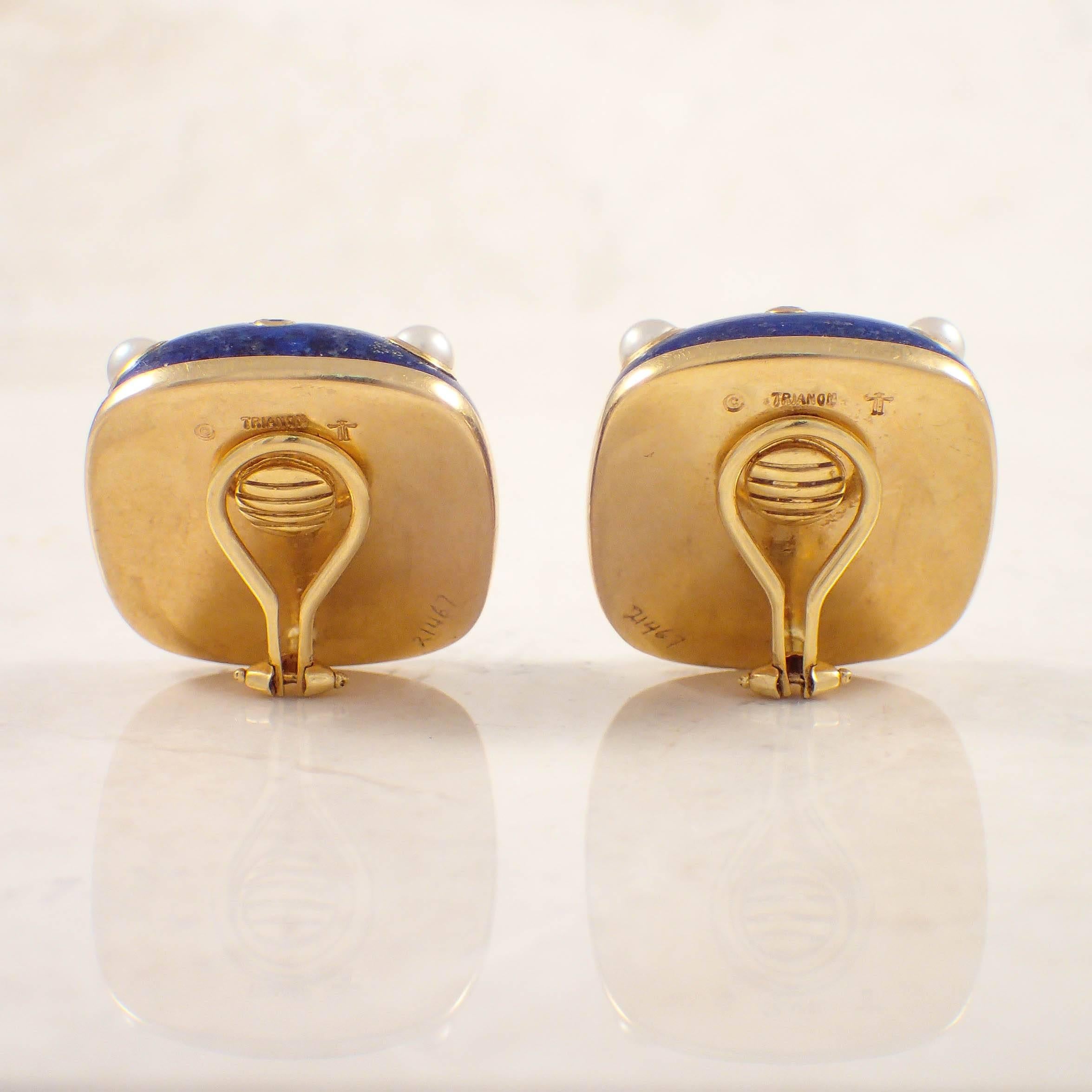 Trianon Lapis Turquoise Pearl Diamond Gold Earrings In Excellent Condition For Sale In Portland, ME