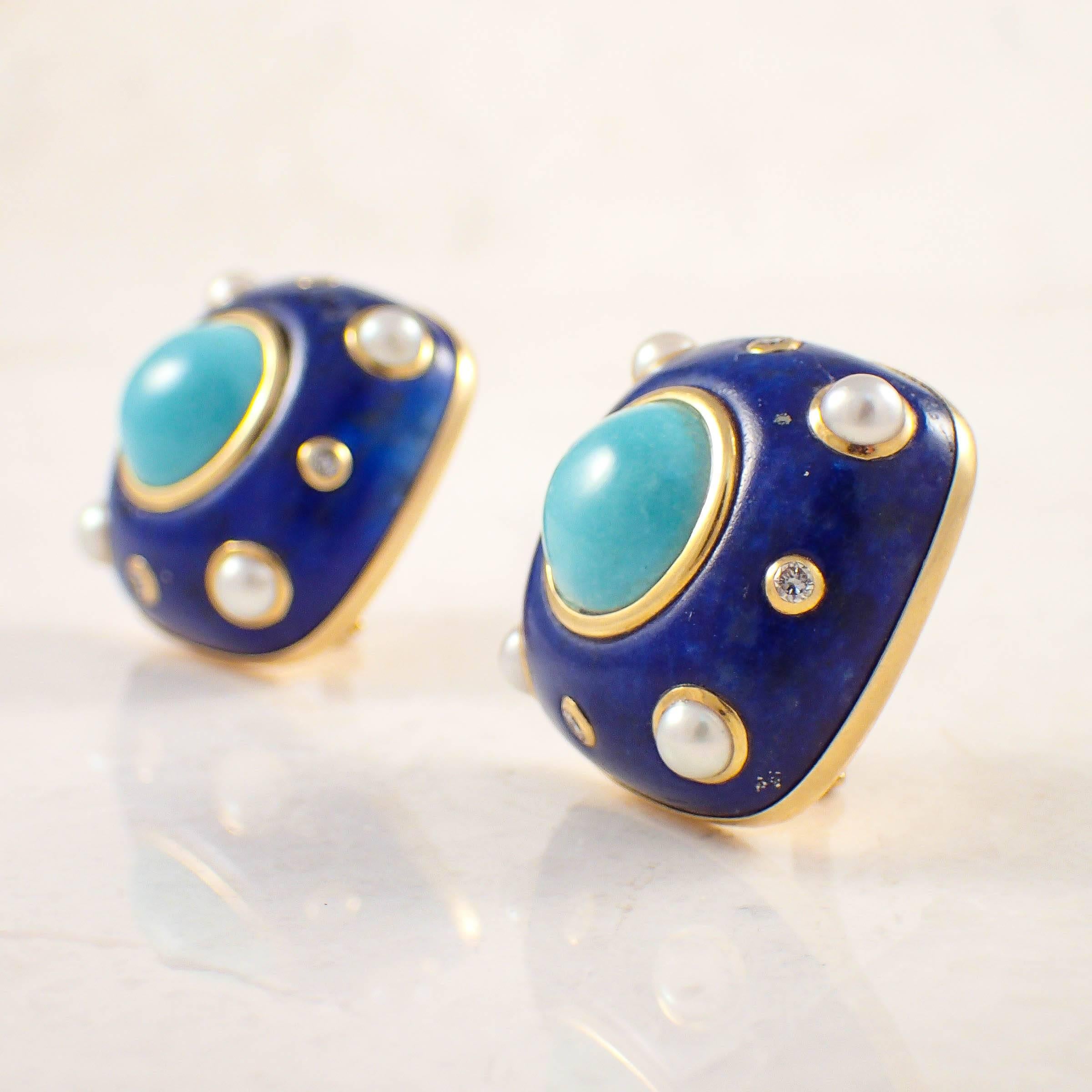 Trianon Lapis Turquoise Pearl Diamond Gold Earrings For Sale 1