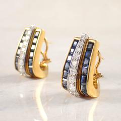1980s Sapphire Diamond Two Color Gold Earrings