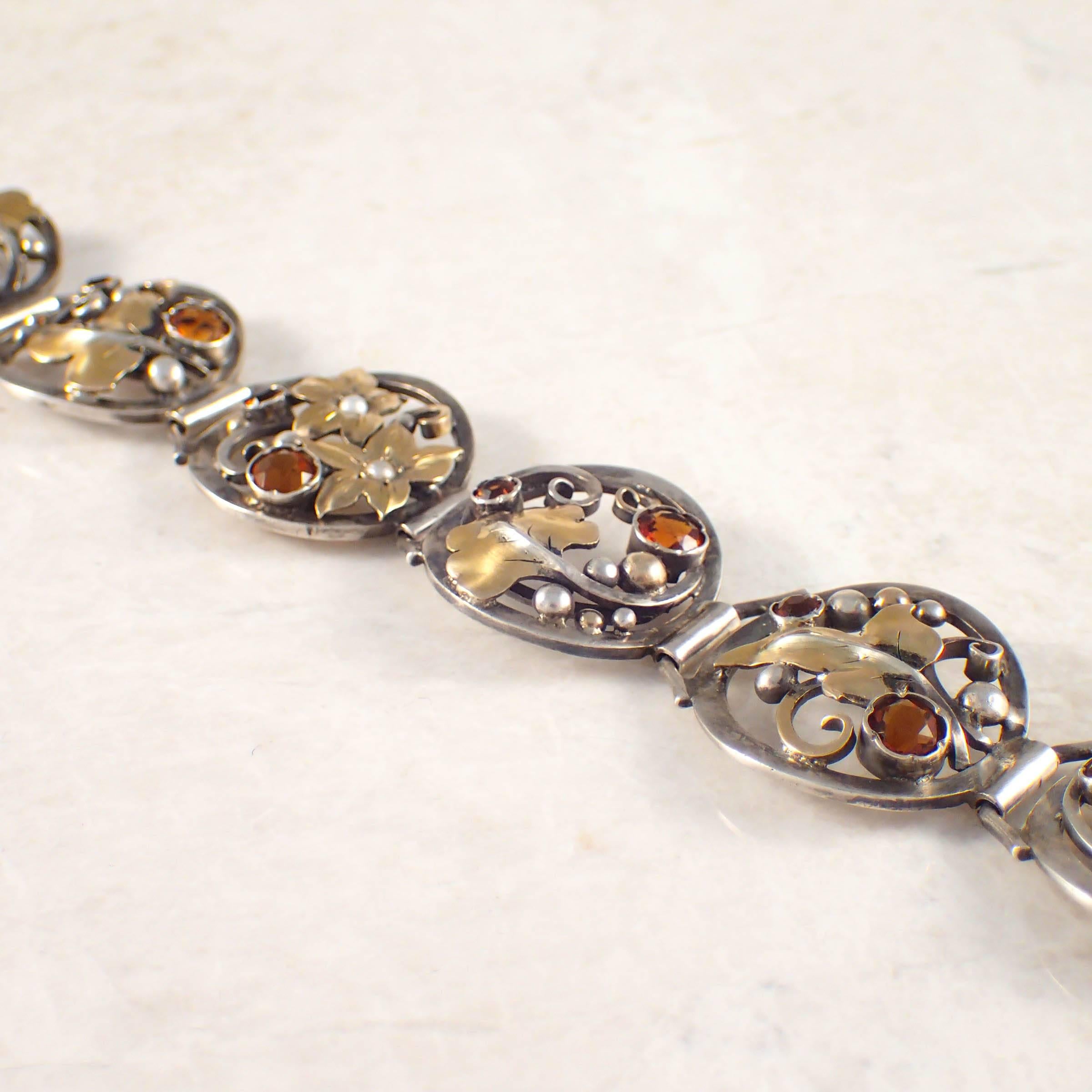 Art Deco Oakes Citrine Pearl Silver over Gold Bracelet For Sale