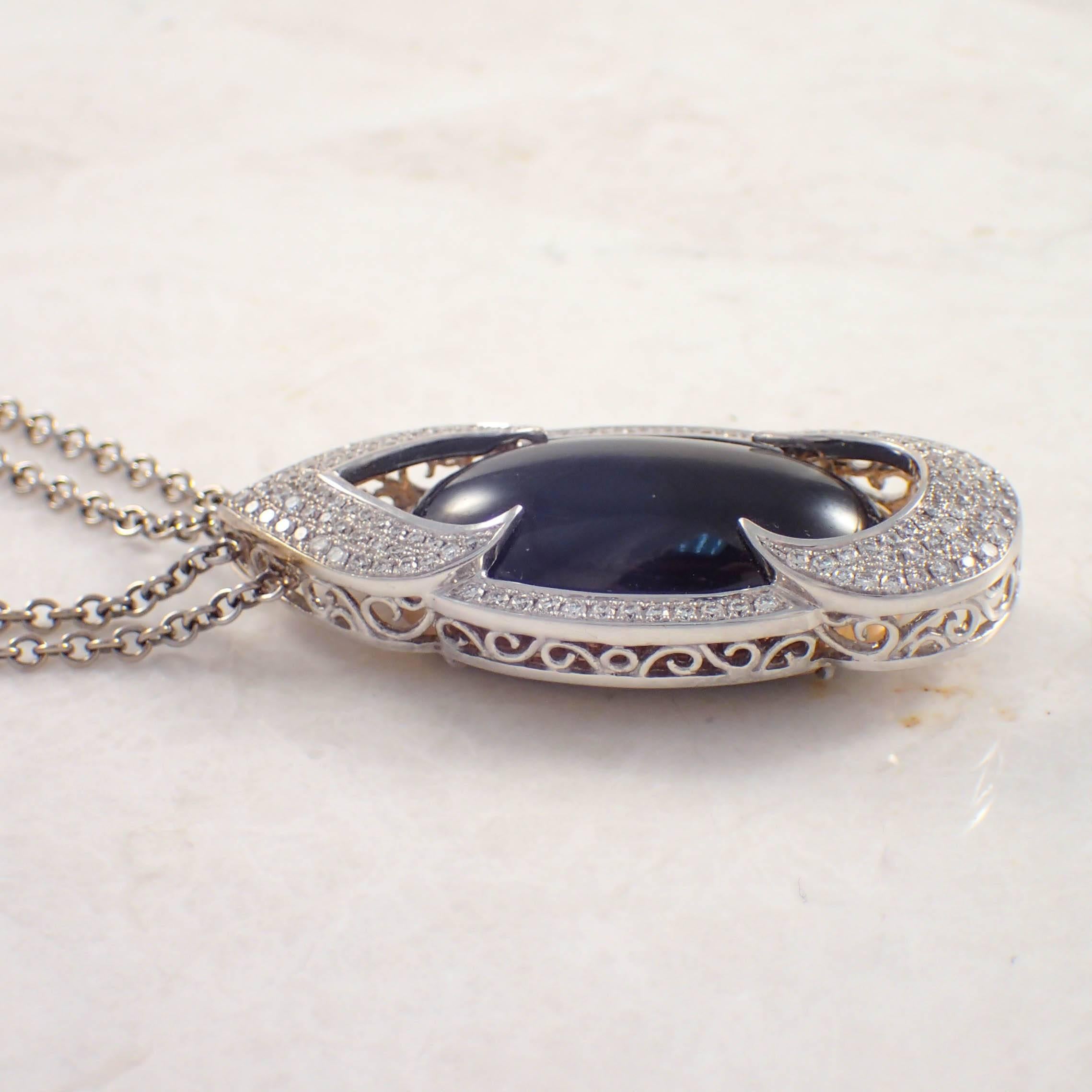 Modern Black Star Sapphire Diamond Gold Necklace  For Sale