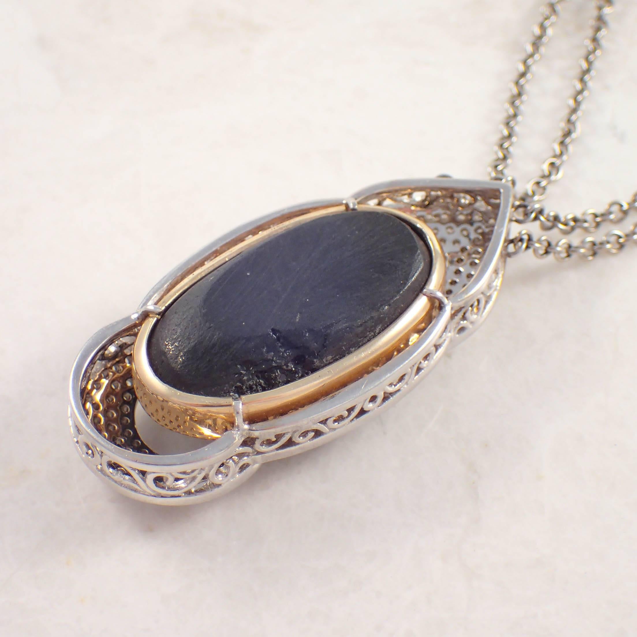 Black Star Sapphire Diamond Gold Necklace  For Sale 2