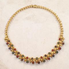 1960s Boucheron Sapphire Ruby Emerald Diamond Gold Necklace and Bracelet Set