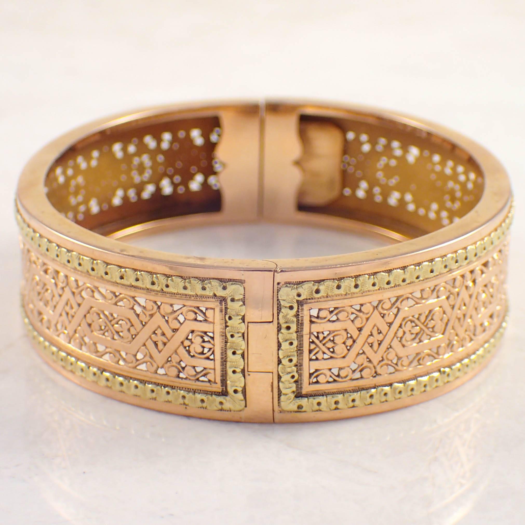 Women's or Men's Victorian Two Color Gold Bangle Bracelet
