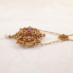 French Art Nouveau Pearl Ruby Diamond Gold Pendant