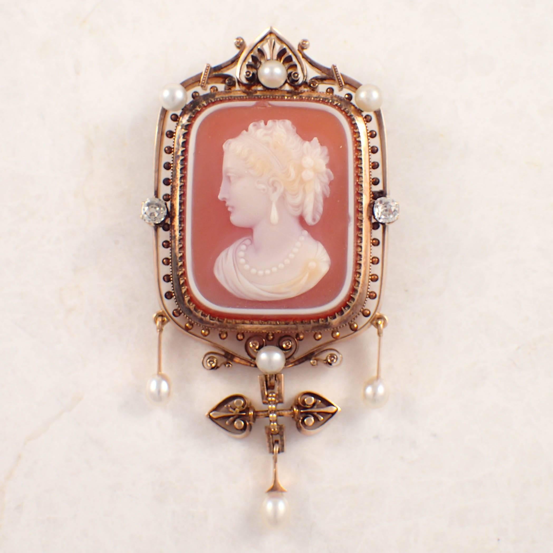 Victorian Cameo Diamond Gold Brooch and Earring Set  In Good Condition For Sale In Portland, ME