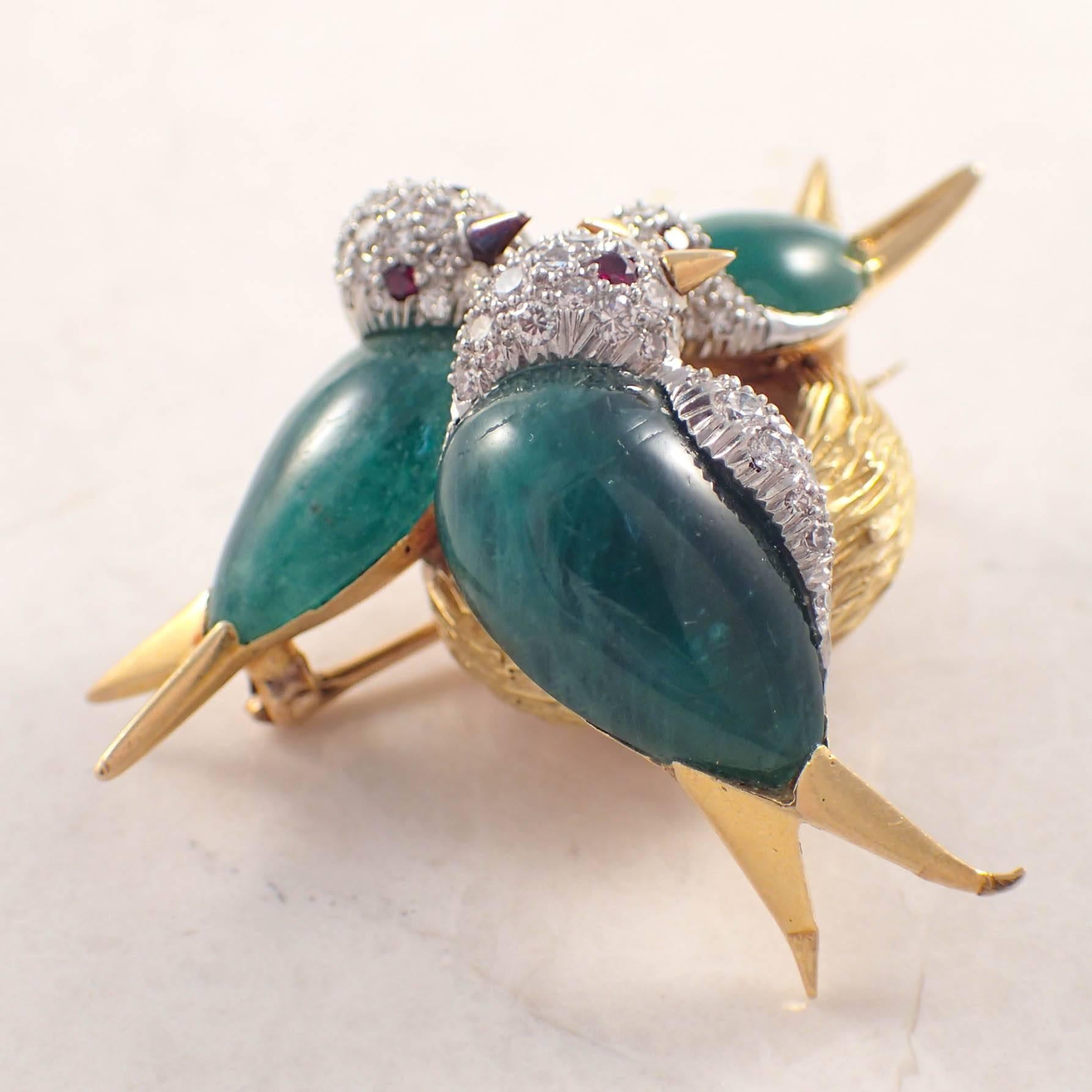 1930s Ruby Emerald Diamond Gold Platinum Bird Brooch In Good Condition For Sale In Portland, ME