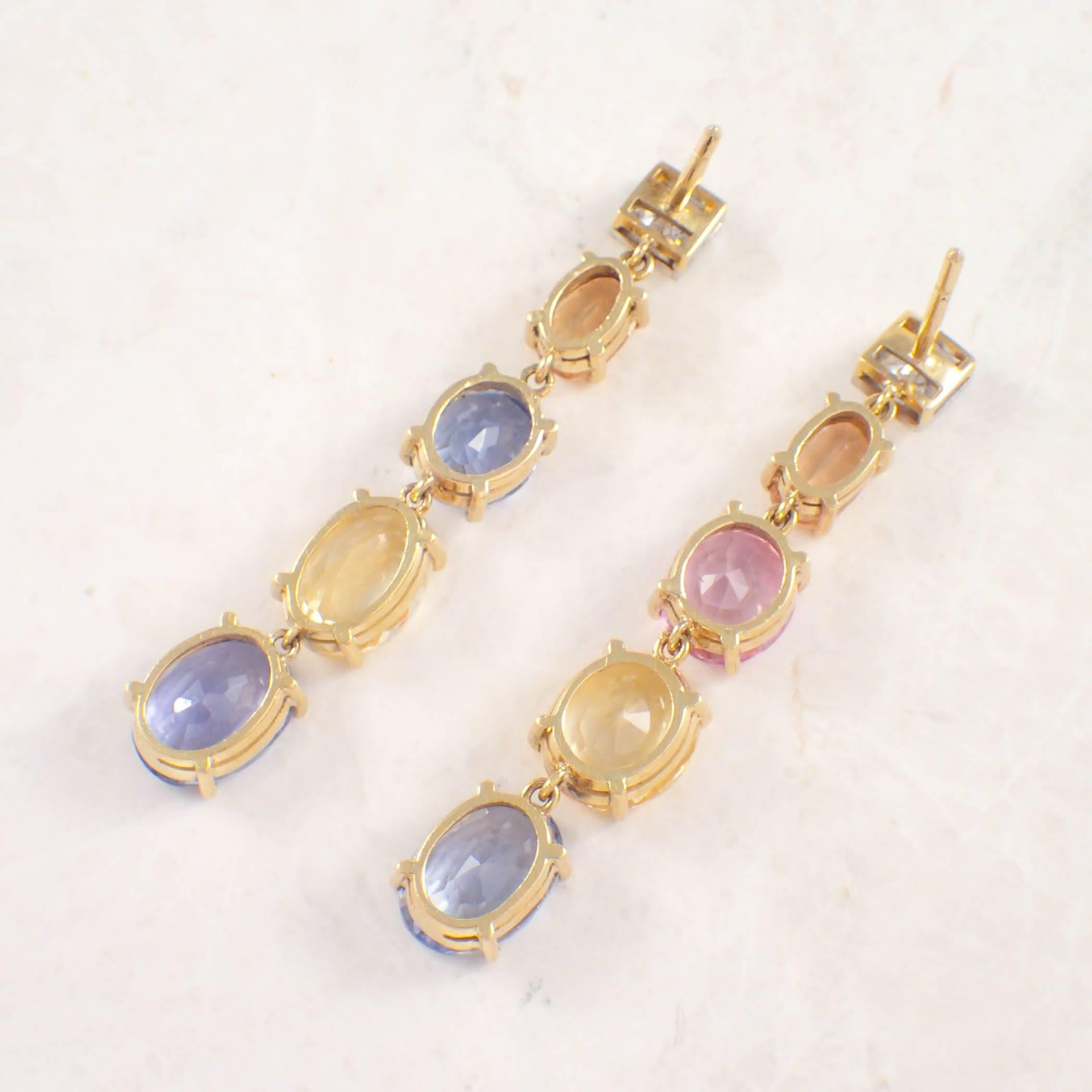 Multicolor Sapphire Diamond Two Color Gold Earrings  In Good Condition For Sale In Portland, ME