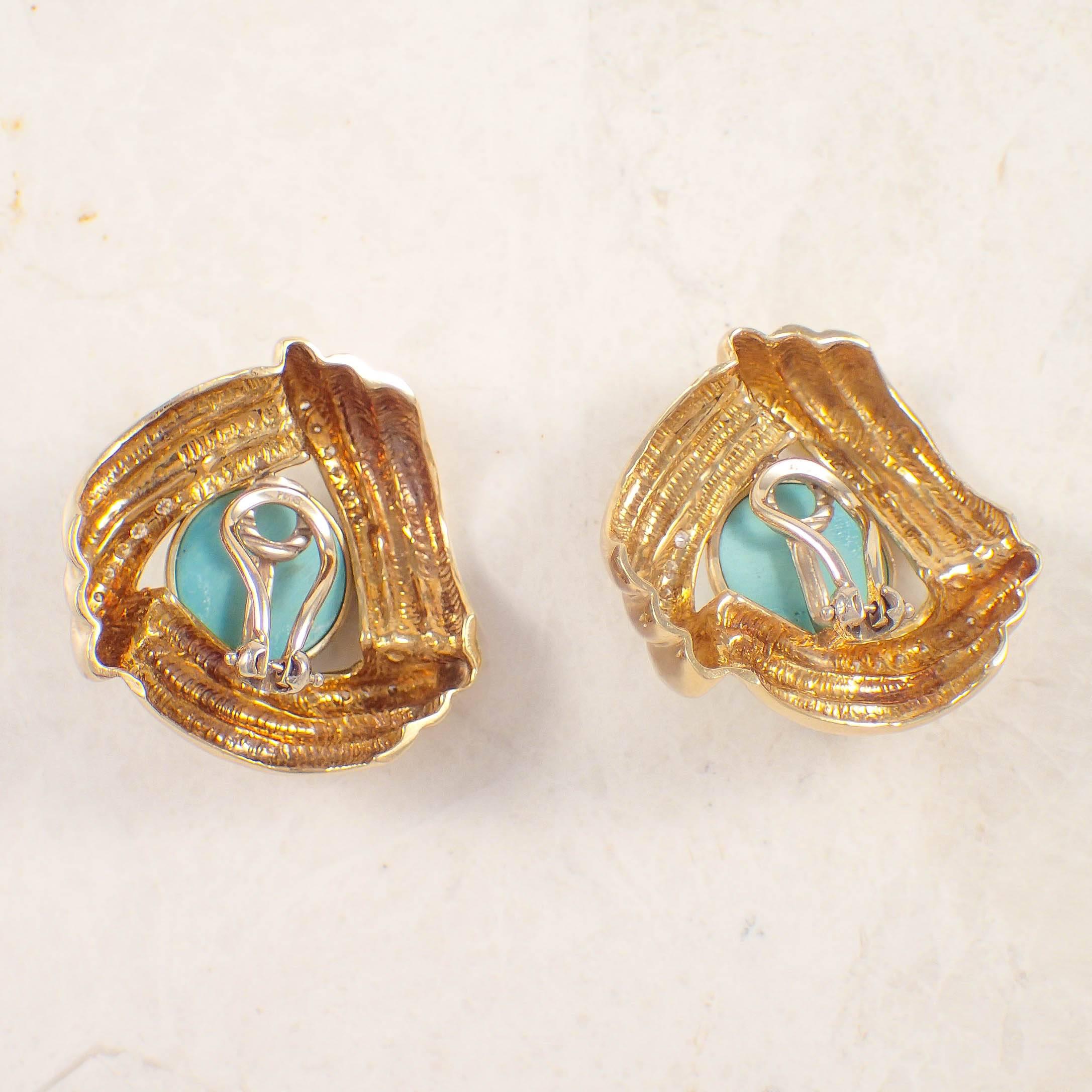 Women's or Men's Turquoise Diamond Gold Earrings  For Sale