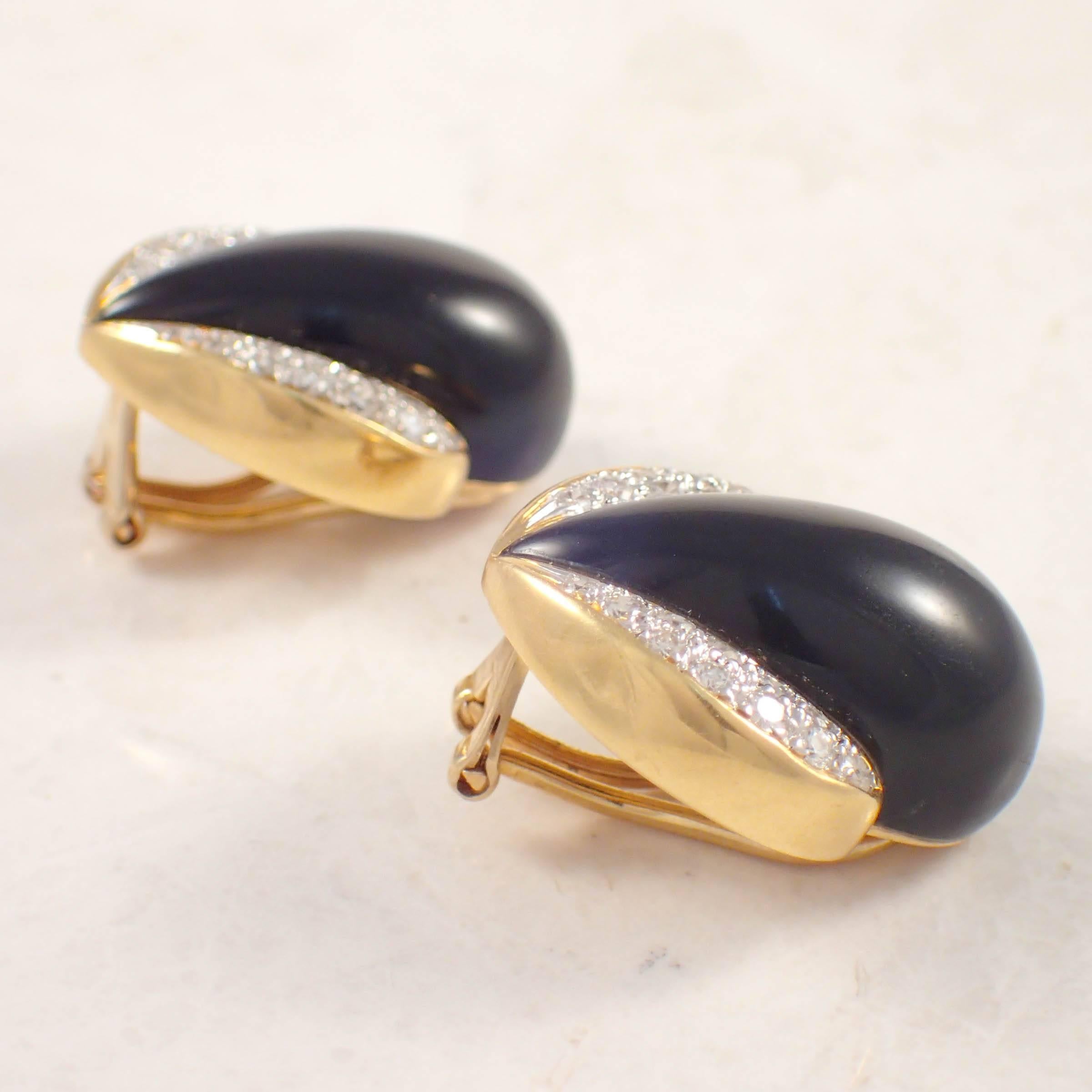 Modern Onyx Diamond Gold Clip Earrings  For Sale