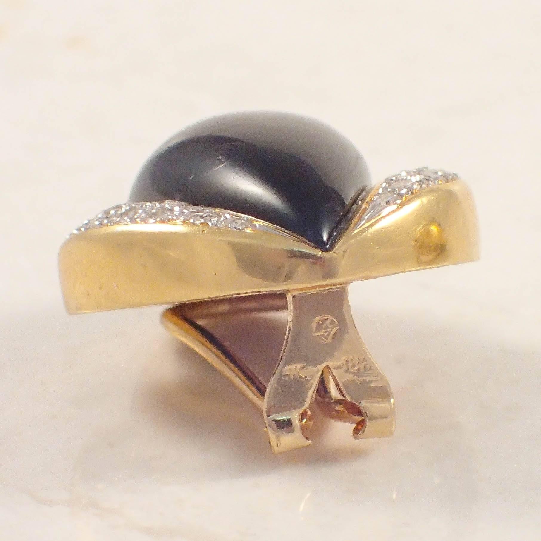 Onyx Diamond Gold Clip Earrings  In Good Condition For Sale In Portland, ME