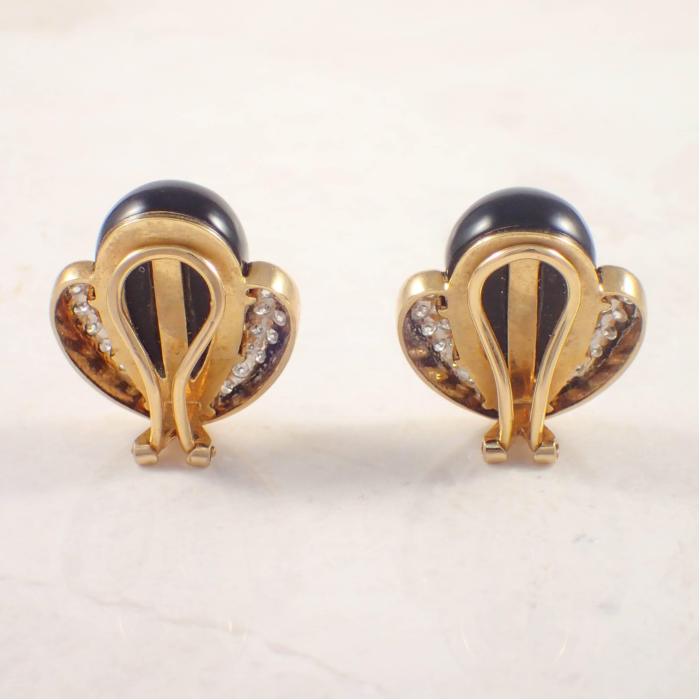 Women's Onyx Diamond Gold Clip Earrings  For Sale