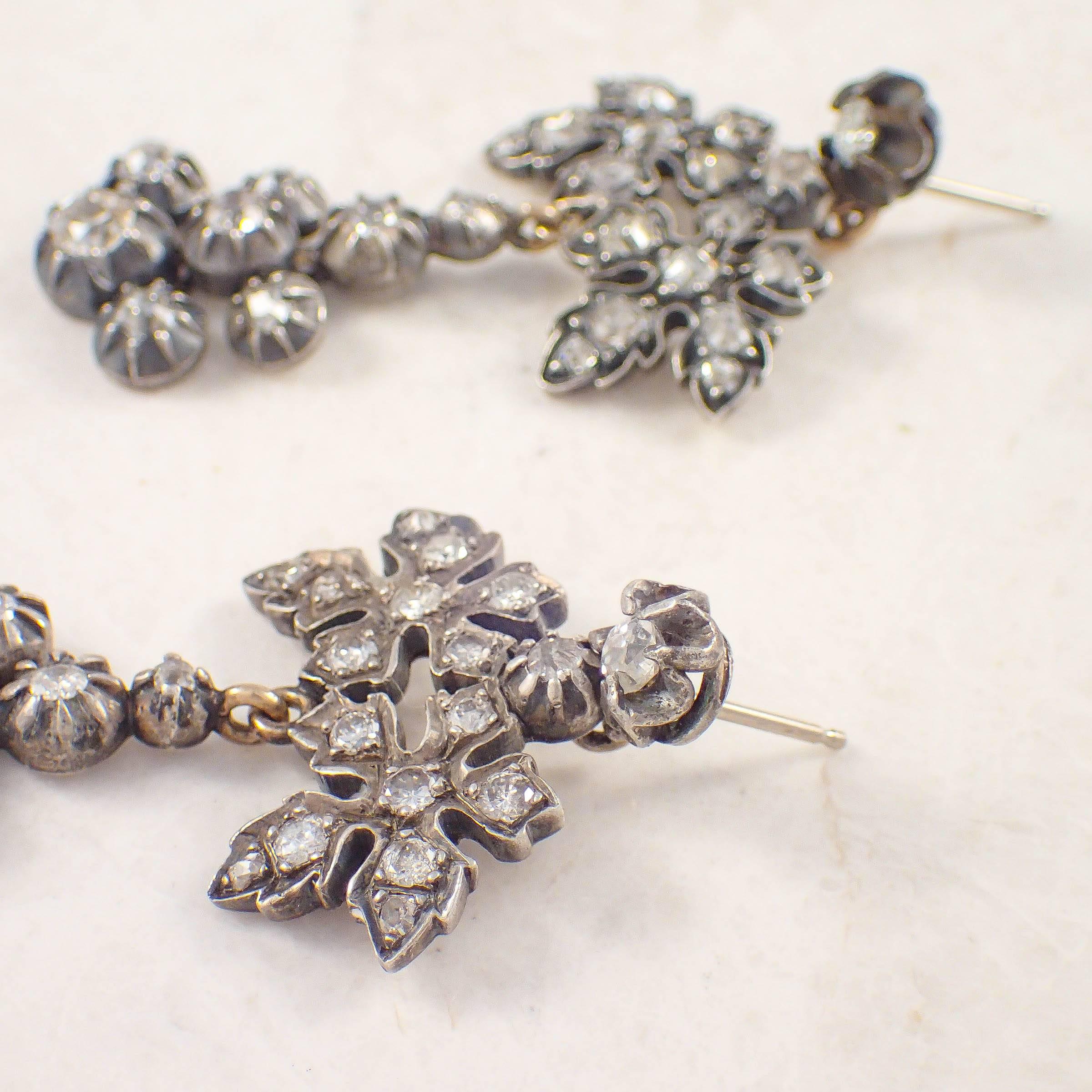 Georgian Diamond Silver over Gold Chandelier Earrings  For Sale 1