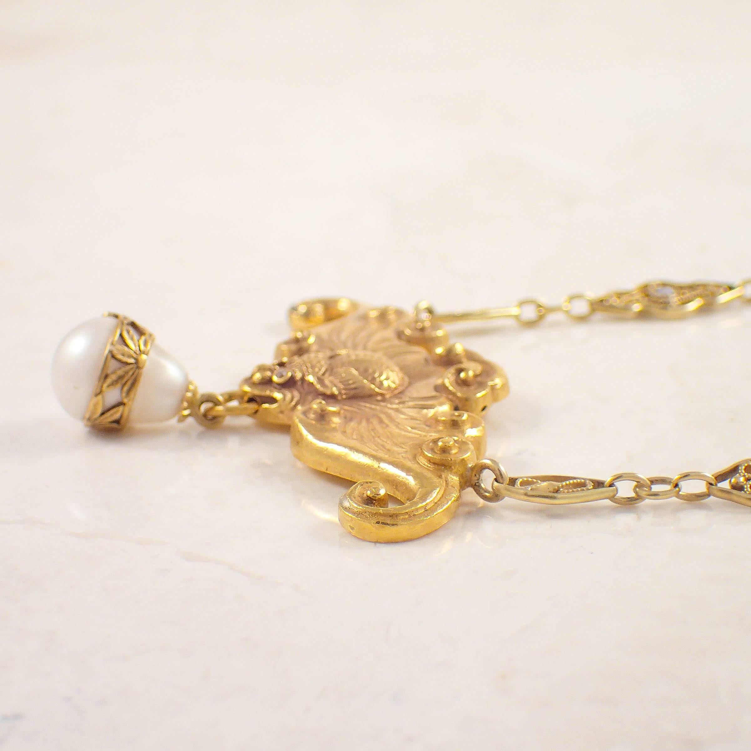 Art Nouveau Pearl Gold Bat Necklace  In Good Condition For Sale In Portland, ME