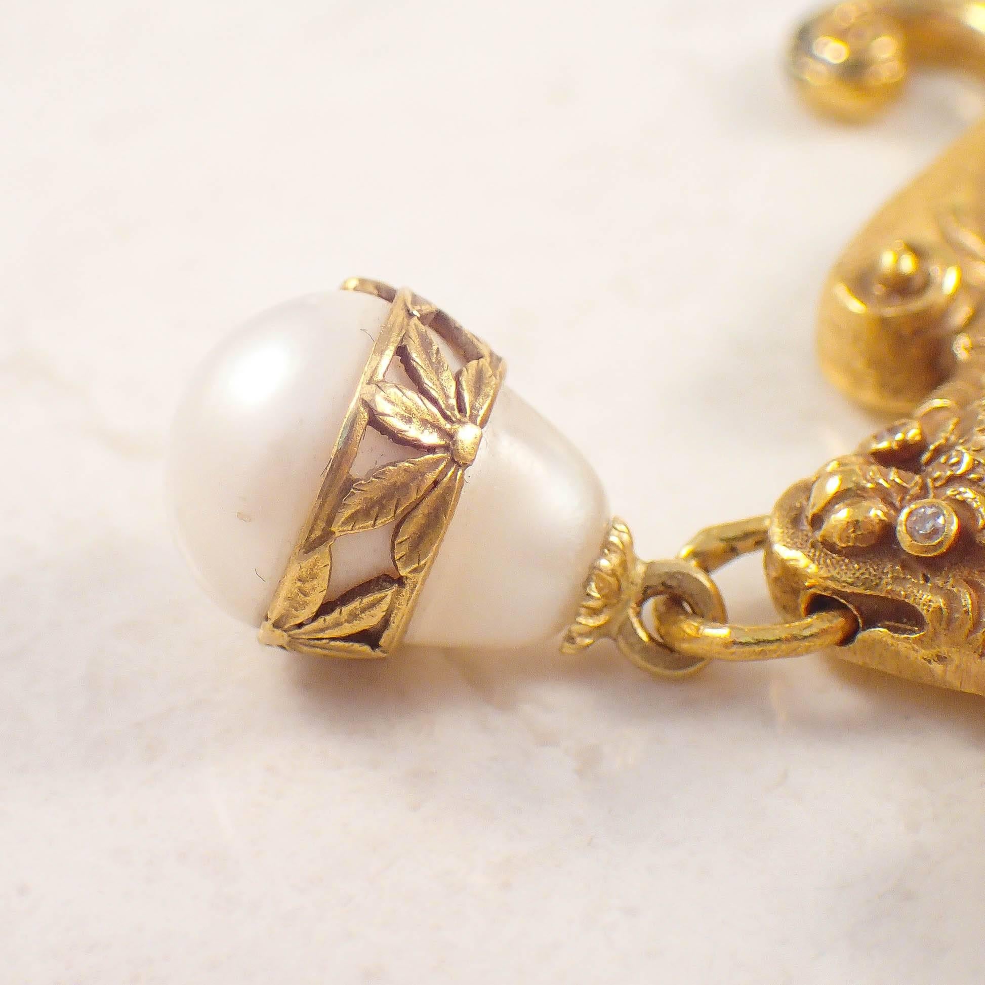Women's Art Nouveau Pearl Gold Bat Necklace  For Sale