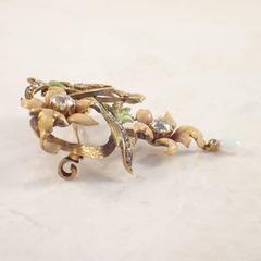 Art Nouveau Enamel Opal Diamond Gold Brooch