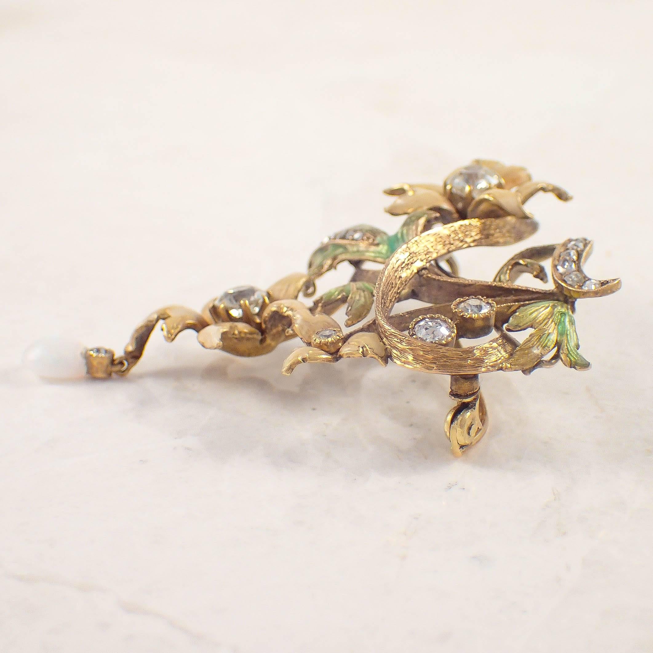 Art Nouveau Enamel Opal Diamond Gold Brooch In Good Condition For Sale In Portland, ME