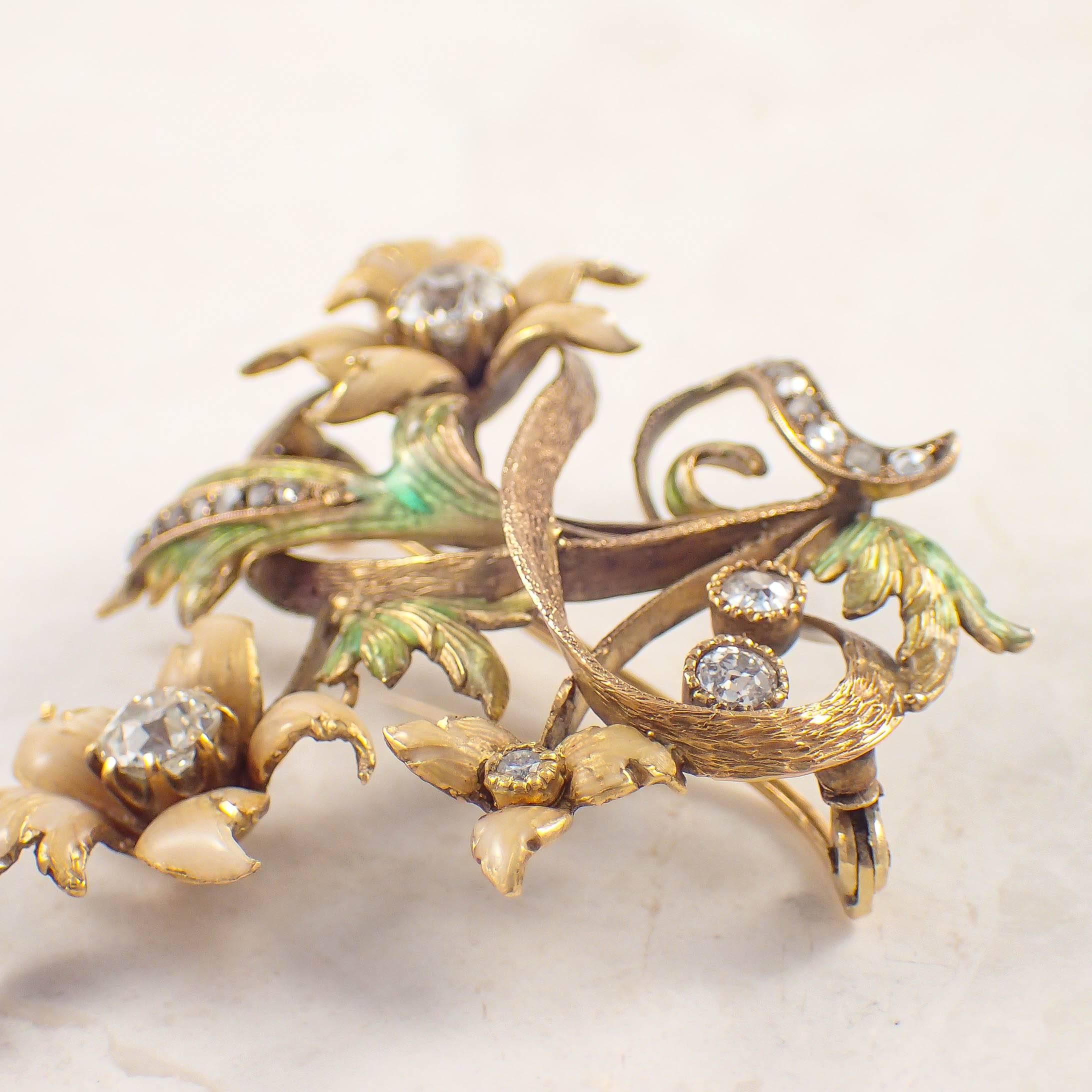 Women's Art Nouveau Enamel Opal Diamond Gold Brooch For Sale