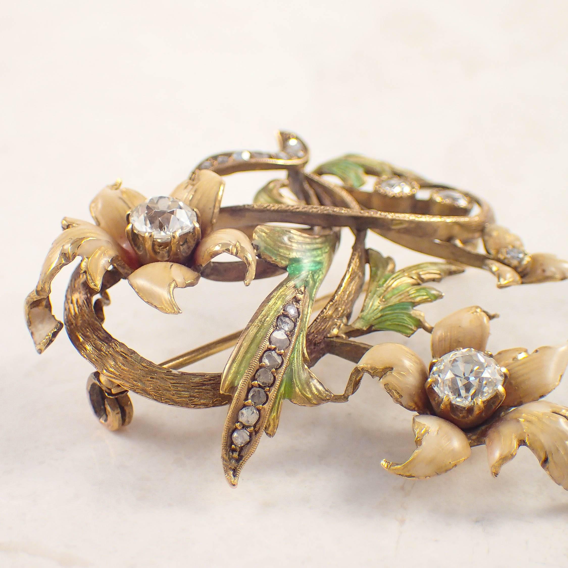 Art Nouveau Enamel Opal Diamond Gold Brooch For Sale 1