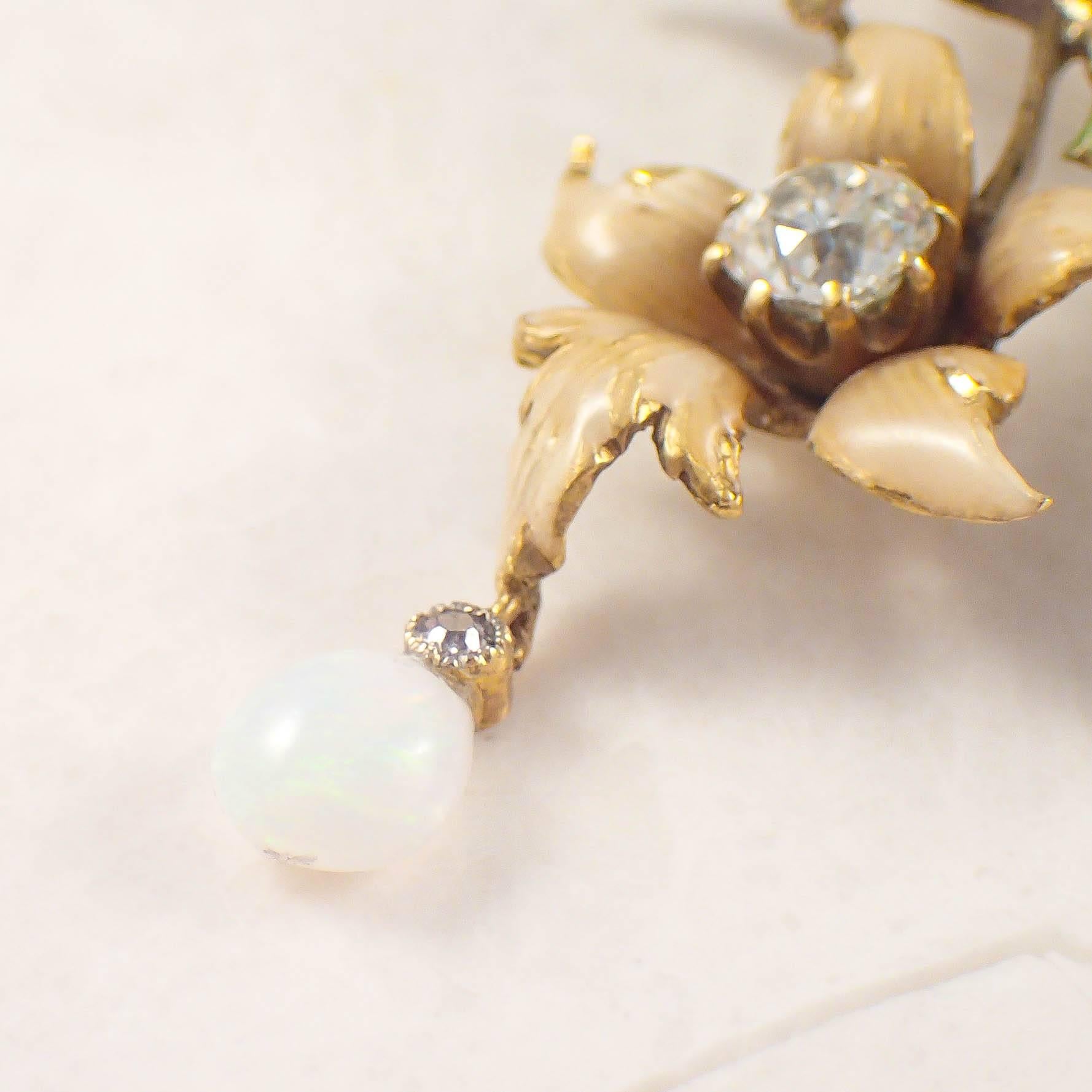 Art Nouveau Enamel Opal Diamond Gold Brooch For Sale 2