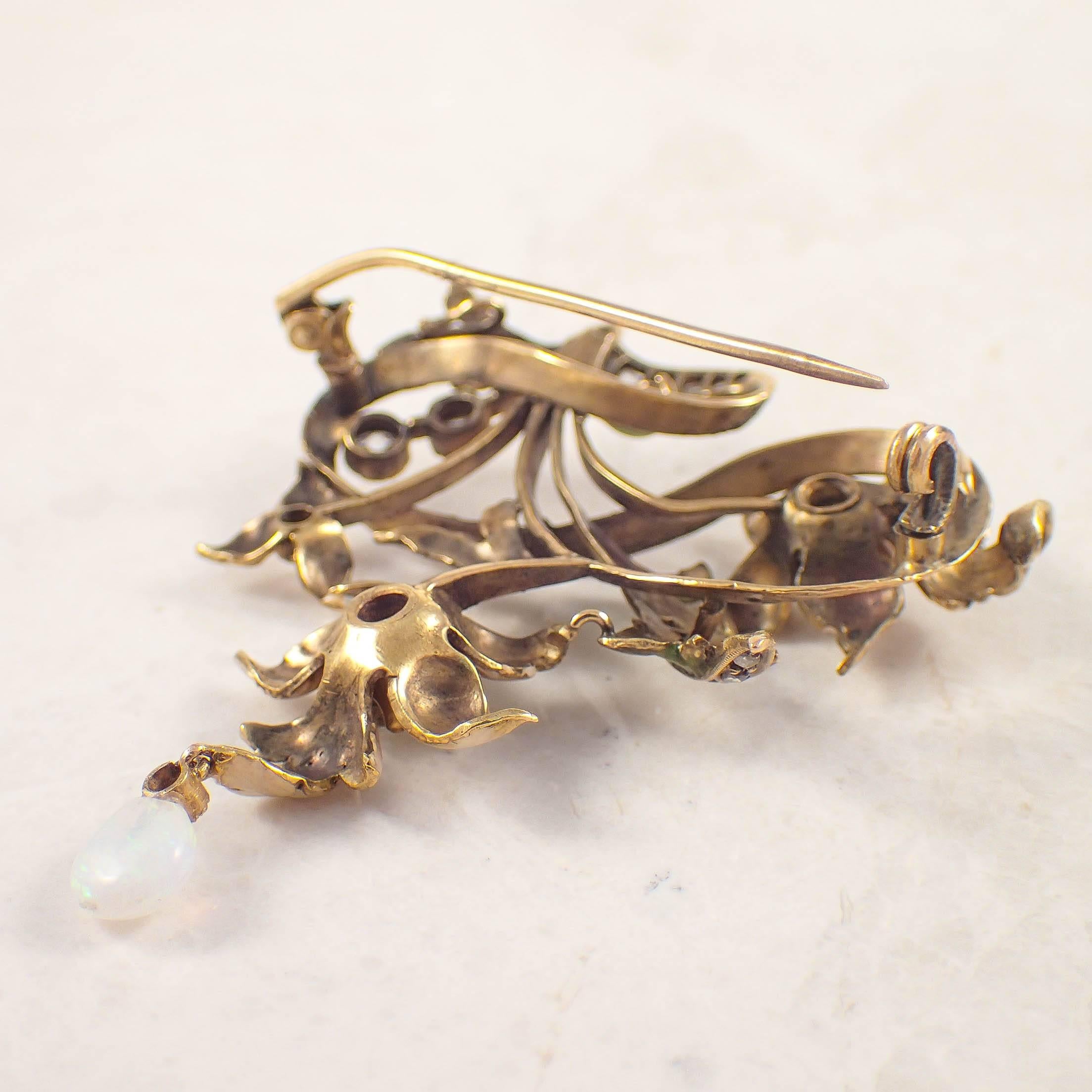Art Nouveau Enamel Opal Diamond Gold Brooch For Sale 3