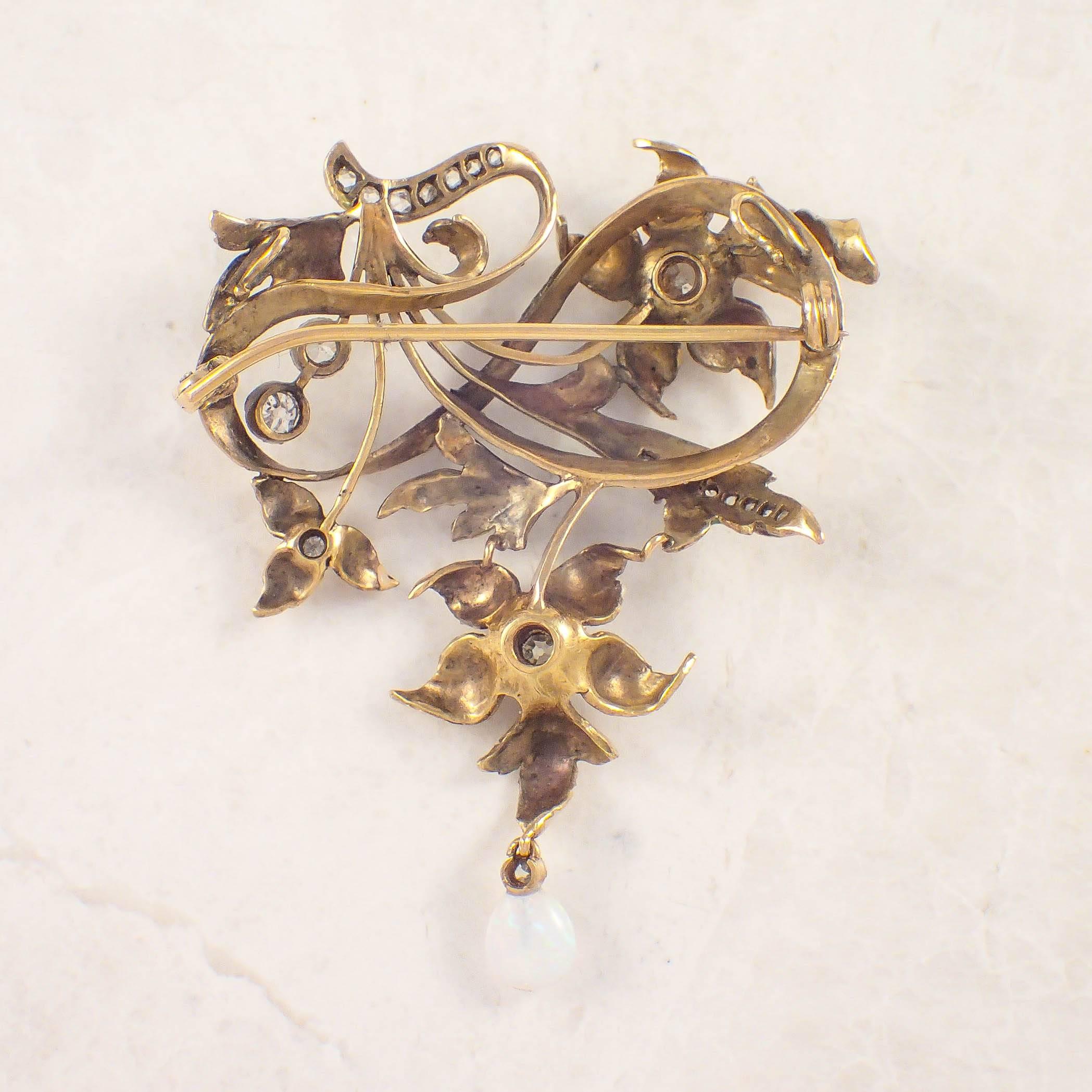 Art Nouveau Enamel Opal Diamond Gold Brooch For Sale 4